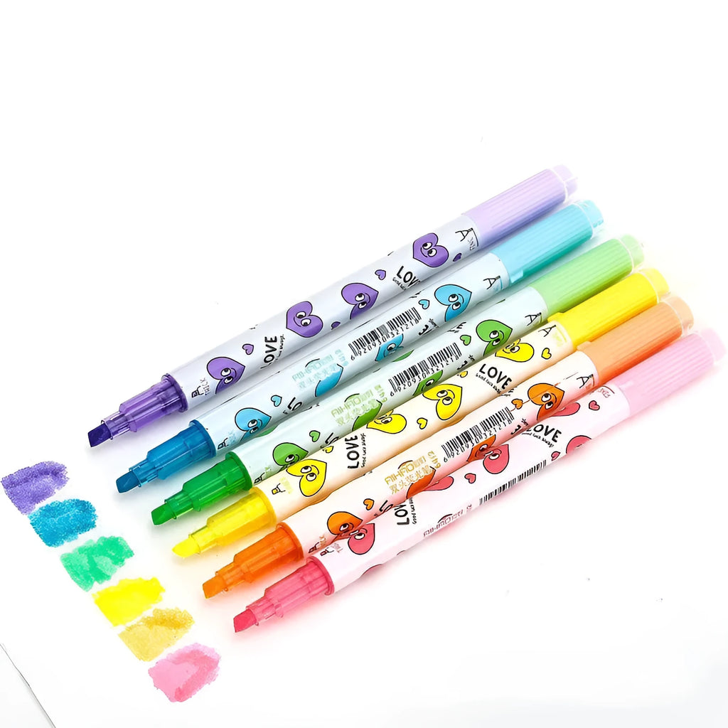Six double-headed watercolour highlighters showing pink, orange, yellow, green, blue, and purple colours
