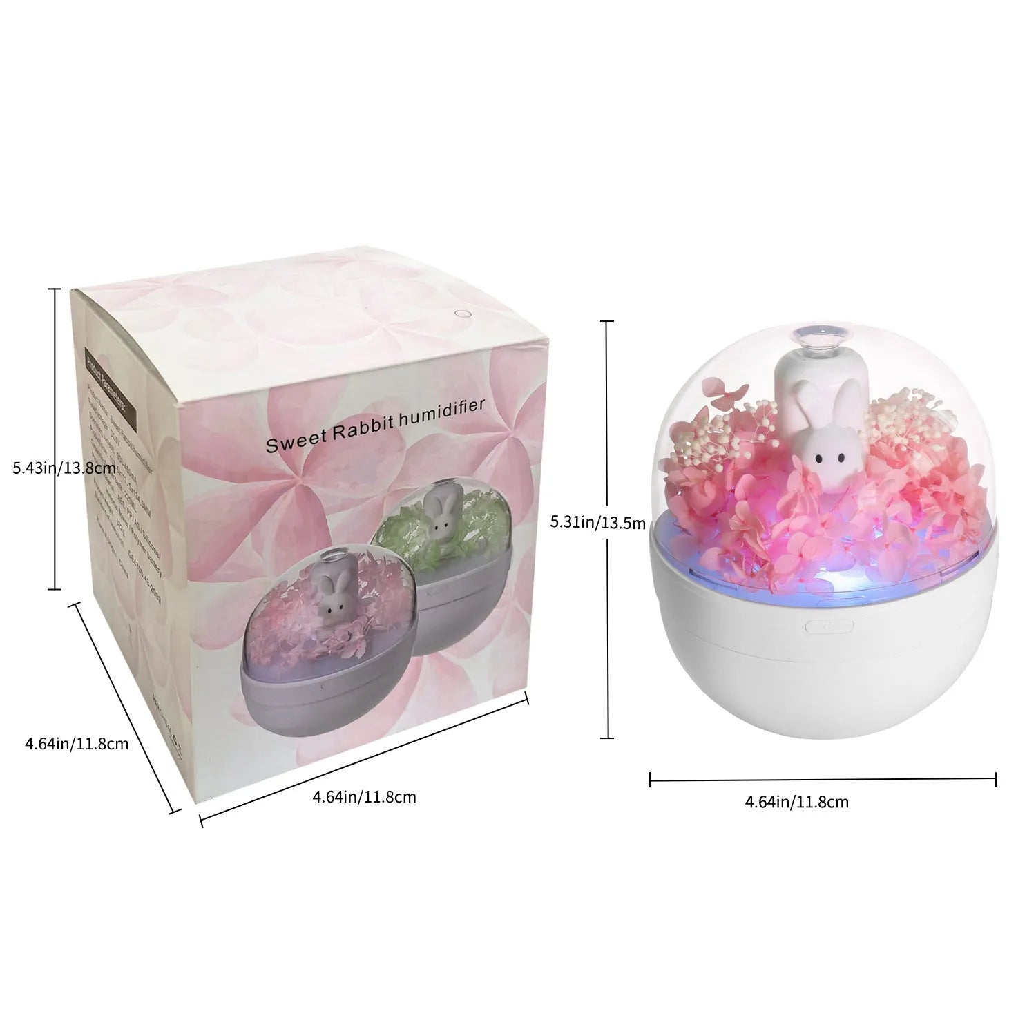 Pink Creative Rabbit aromatherapy humidifier with preserved flowers on top.