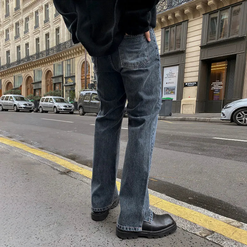 Casual blue-grey loose straight leg pants with side slits for women autumn mid waist tether closure