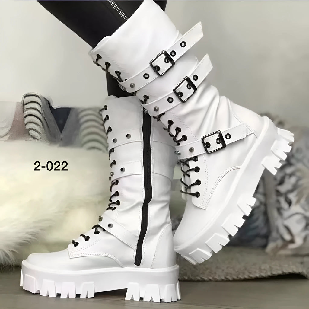 Black women's mid-calf knight boots with metal buckle straps and a side zipper.