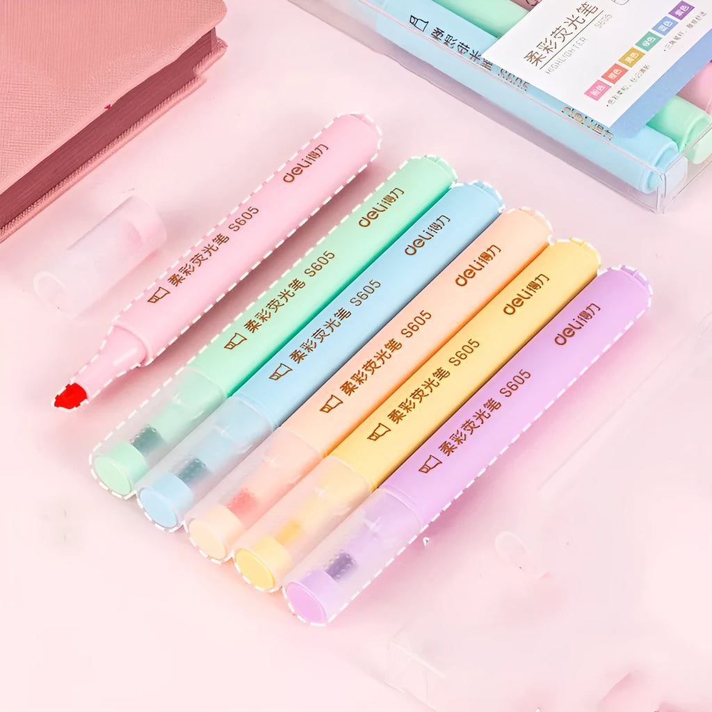 Deli S605 oblique head highlighter pens in macaron colours with transparent penholders