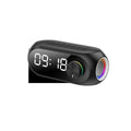 S8 Black portable mini Bluetooth speaker with extra bass and digital clock display on front.