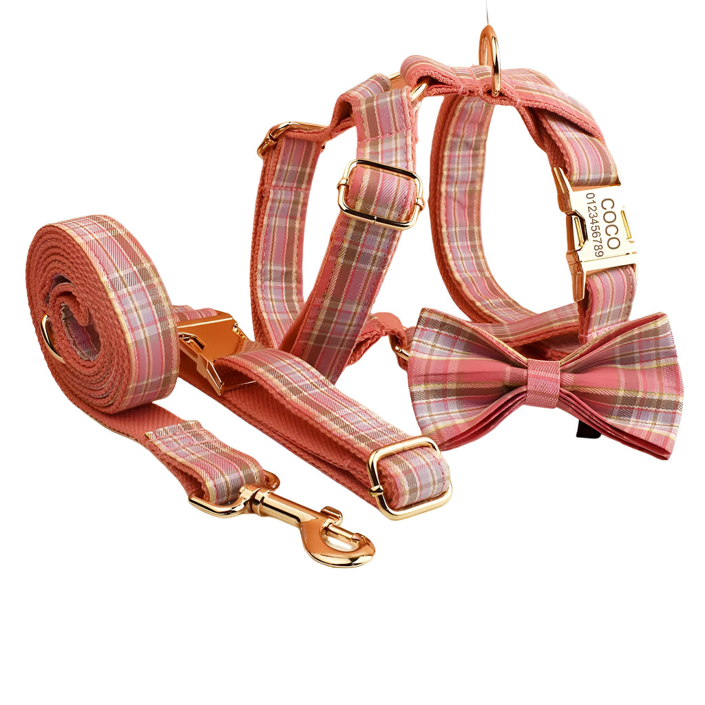 Plaid cloth dog collar traction rope set with vest and bow accessories in multiple colour options