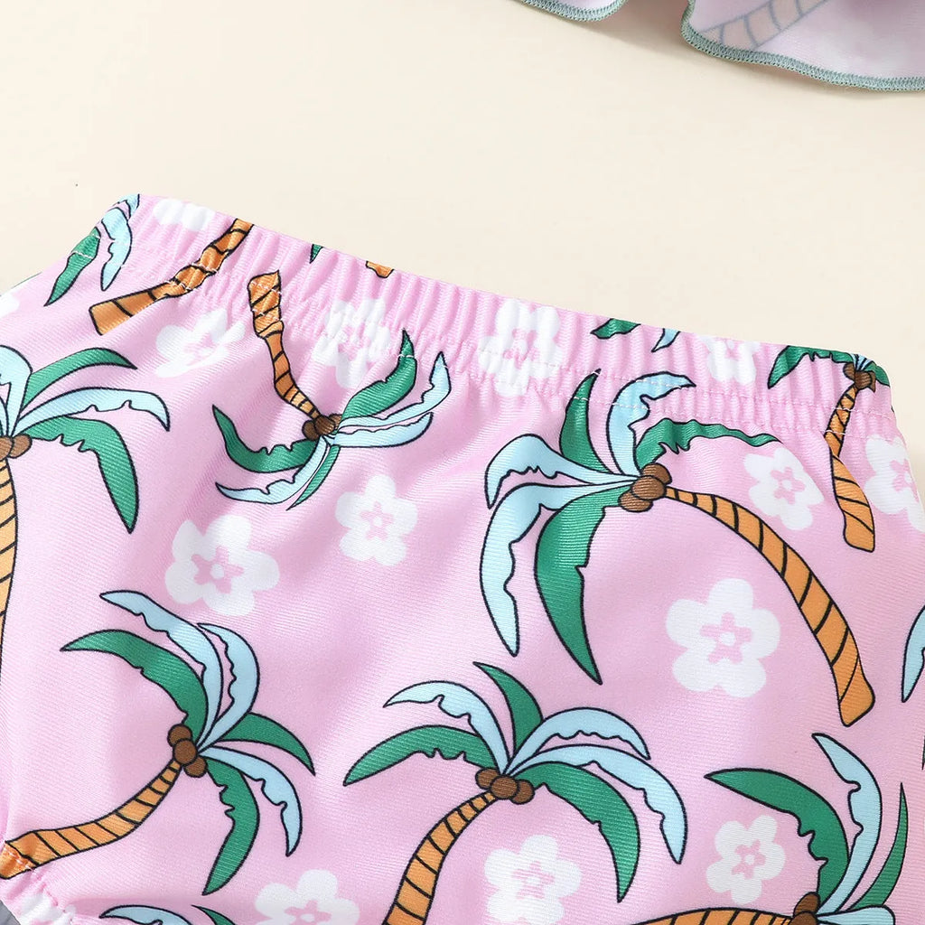 White polyester two-piece swimsuit set for girls, featuring a shirt and shorts.