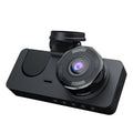 Black car dashcam with touch screen displaying front and rear HD 1080P video recording