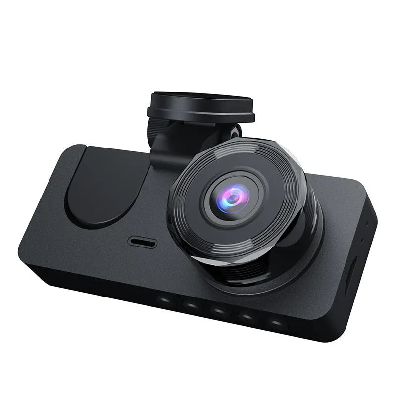 Black car dashcam with touch screen displaying front and rear HD 1080P video recording