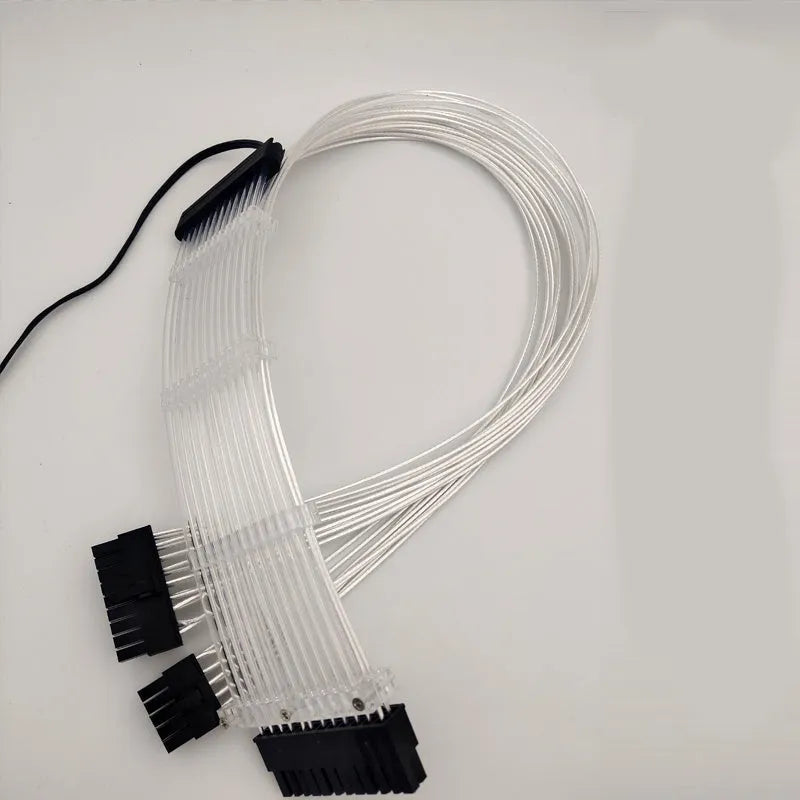 25 cm computer case cable extension with transparent silver-plated wire, light row, and RGB support for PC builds.
