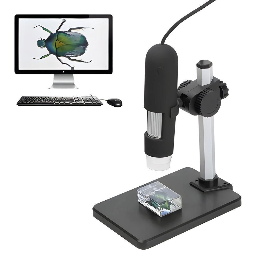 Black USB microscope camera with 8 LED lights, 1000X magnification, focus range 0-40mm