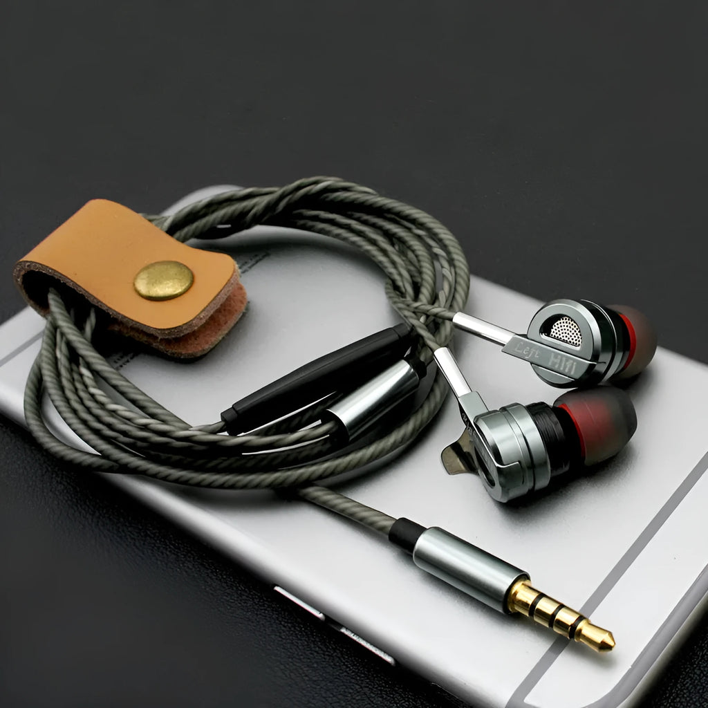 Black metal in-ear headphones with smart wire control and microphone for mobile phones