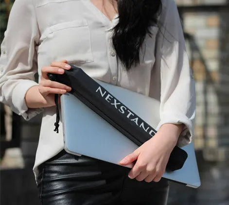 Black folding laptop stand made of reinforced nylon, shown both open and folded to 4 cm
