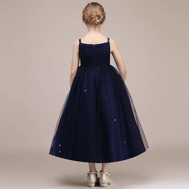 Blue chiffon girls princess dress with flowing skirt suitable for 100-160cm height