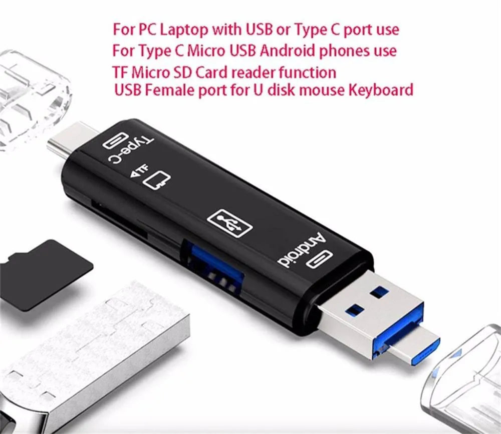 Black and white USB Type-C and Micro USB OTG hub adapter with integrated TF memory card reader.