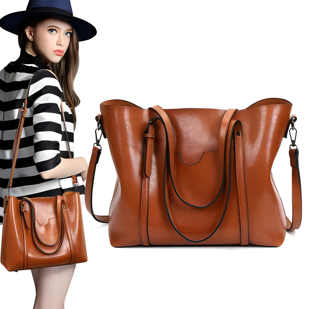 Brown retro-style PU leather messenger bag for women, shown with an A4 magazine inside to illustrate its large capacity.