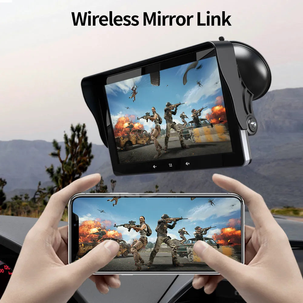 7-inch car wireless CarPlay display with suction cup mount and astern video cable on a dashboard