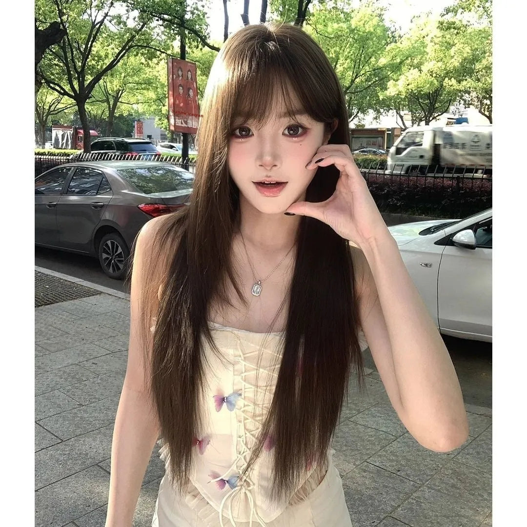 Brown black high-temperature fibre wig with head cover included in seven-piece set