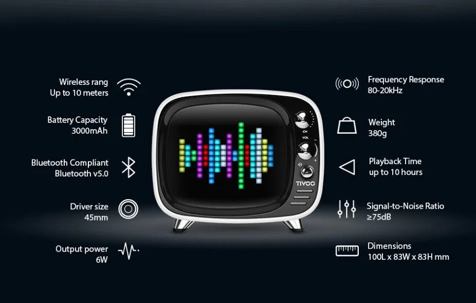 Portable Bluetooth speaker with alarm clock functions in black, blue, green, pink, red, or white colours