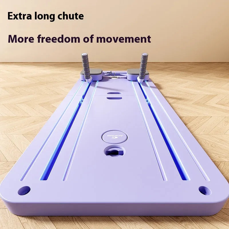 Purple multi-functional fitness board with automatic rebound abdominal wheel for home exercise.