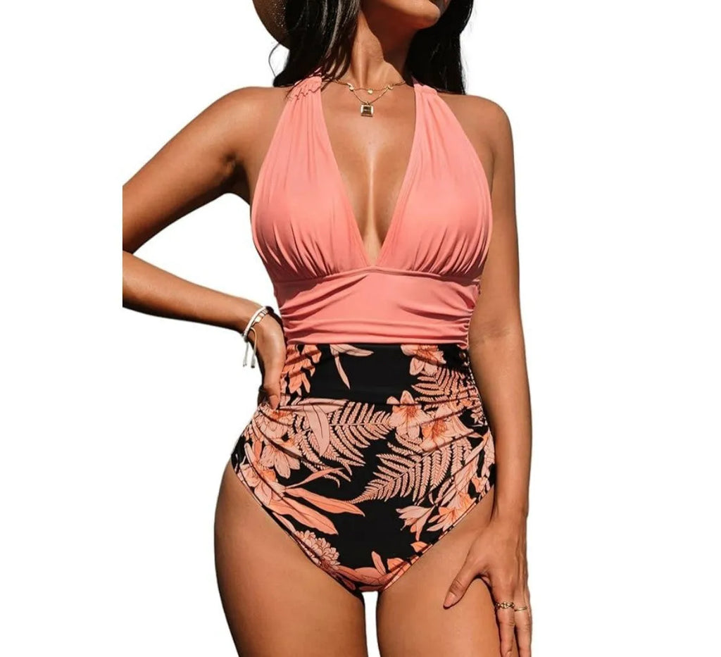 Women's backless halter one-piece swimsuit in quick-dry polyester, showing floral and leopard print options.