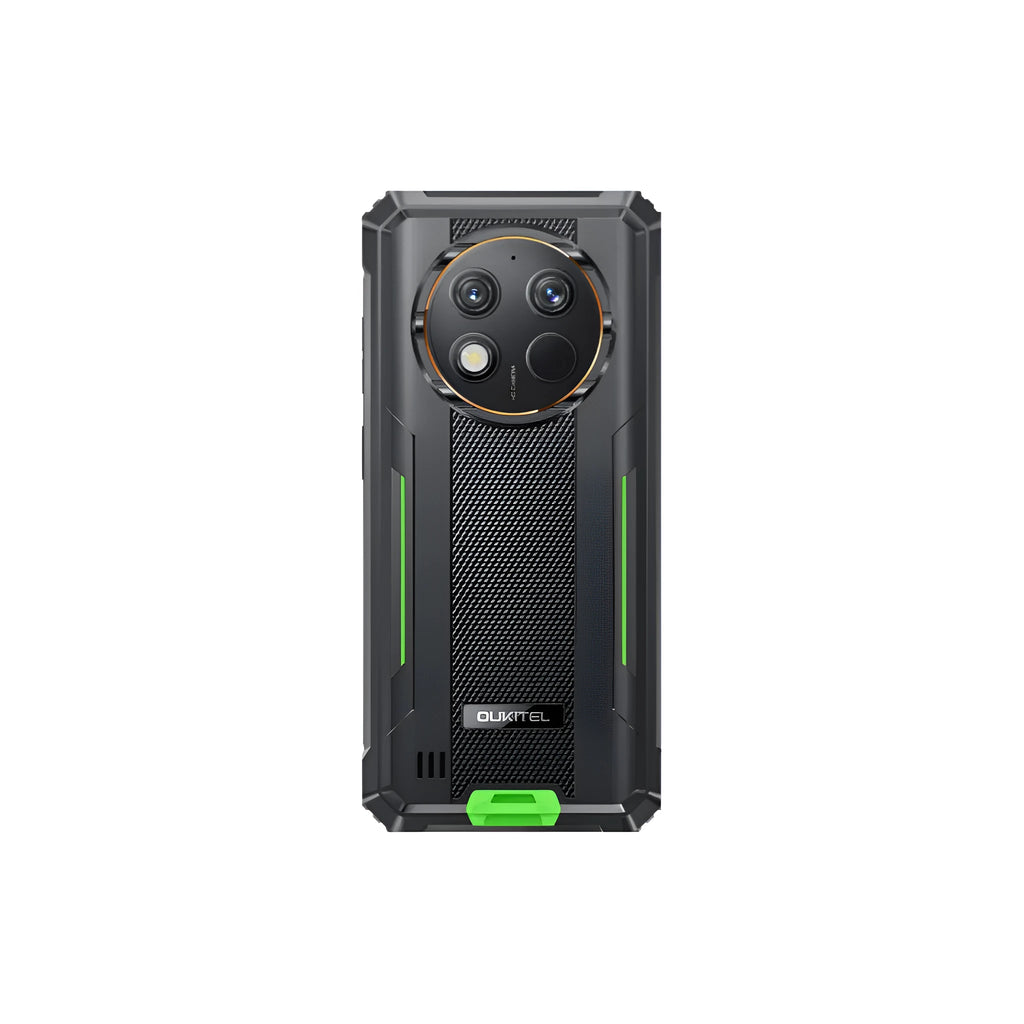 OUKITEL G1 mobile phone in grey, green, and orange colour options with included charger.