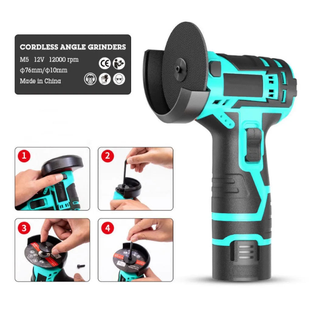 Mini cordless angle grinder with rechargeable 26V lithium battery and three saw blades on a work surface