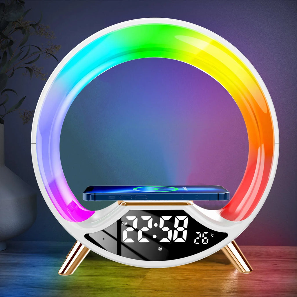 Black multifunctional bedside lamp with wireless charging pad, speaker, clock display, and adjustable night light.
