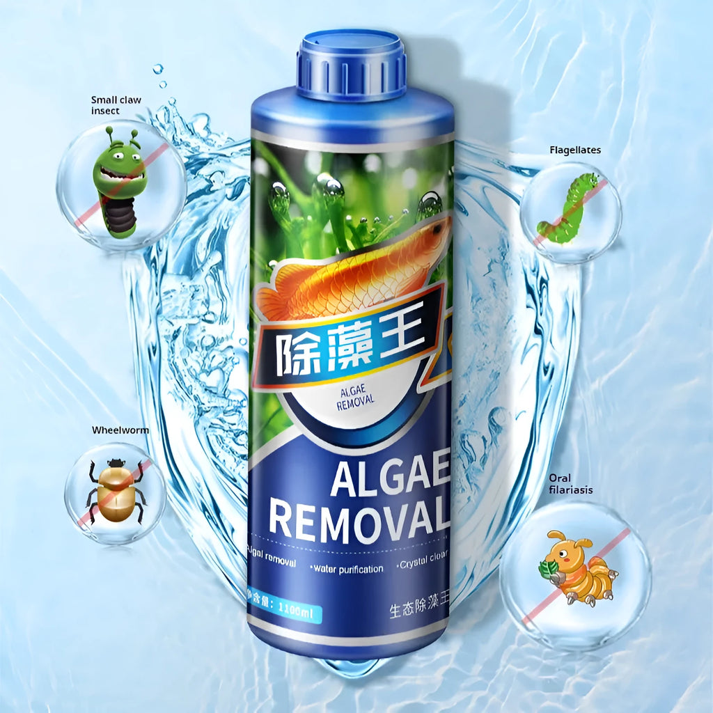 Bottle of liquid algaecide for fish tanks and ponds, labelled for green algae removal and antibacterial action.