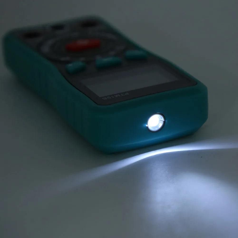 Green automatic digital universal meter with LED display, backlight, and a rear support bracket.