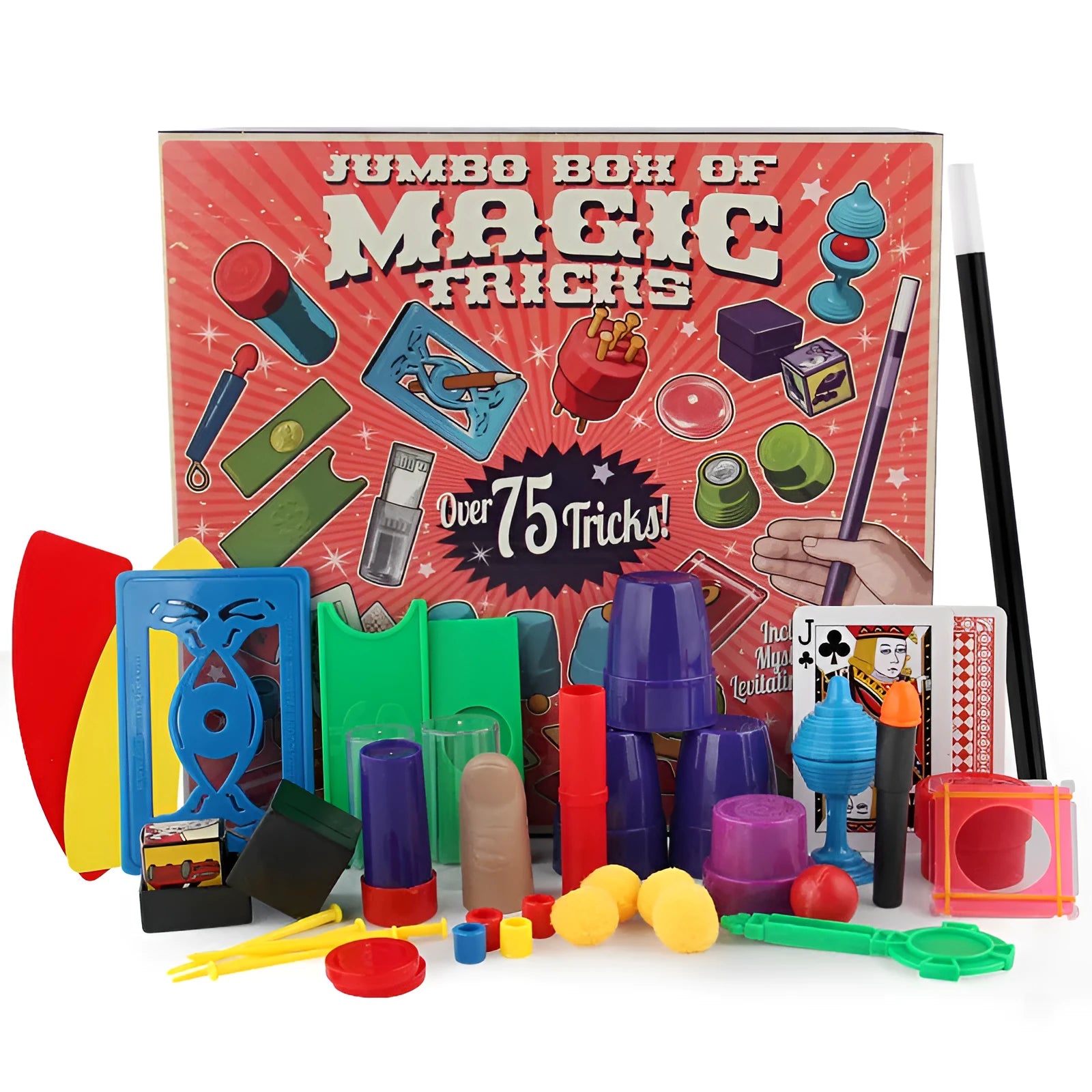 Purple and red plastic magic toy prop set for children aged 3-7 in carton packaging