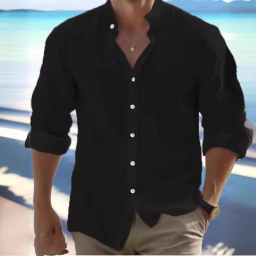 Men's long-staple cotton pullover shirt with collage stitching in light blue colour