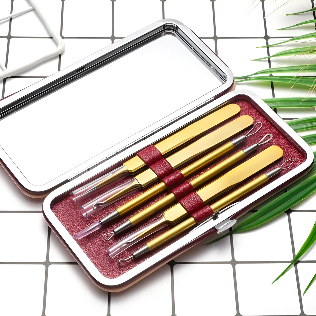 Six stainless steel dual-ended acne needles with rose gold finish for blackhead and spot removal