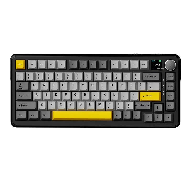 Black, grey and yellow three-mode mechanical keyboard with compact 75% layout showing included accessories