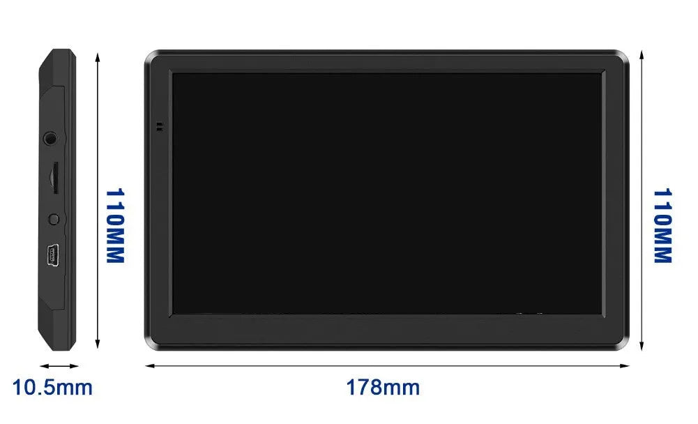 7-inch car GPS navigation device with touch screen display showing map route guidance