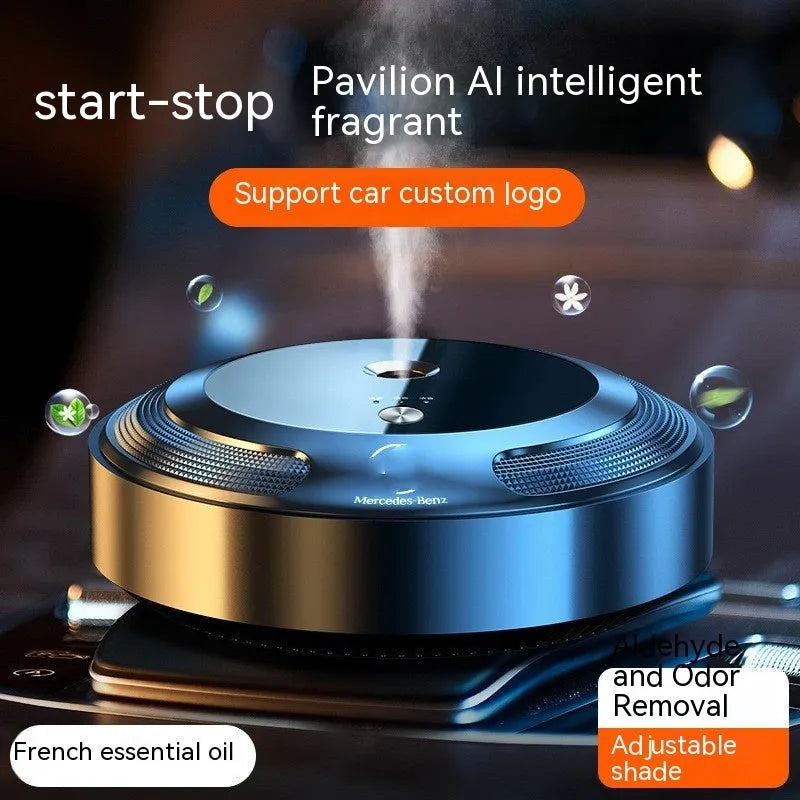 Automatic car air freshener diffuser with zinc alloy shell and included fragrance bottles on a dashboard.