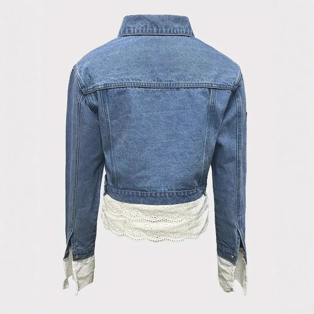 Blue women's denim jacket with lace stitching detailing, long sleeves, available in multiple sizes
