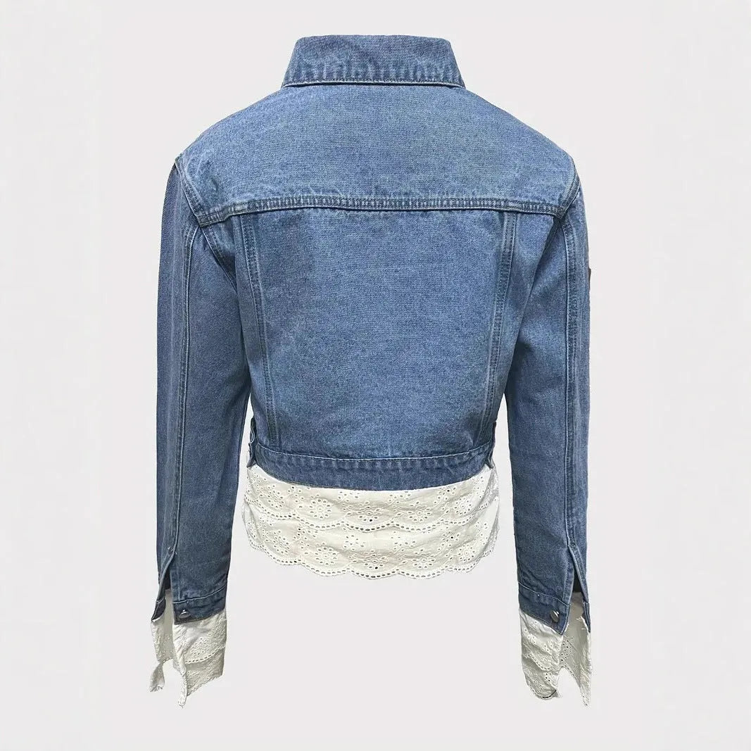 Blue women's denim jacket with lace stitching detailing, long sleeves, available in multiple sizes