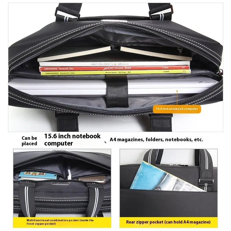 Black Oxford cloth men's laptop bag with soft handle, fits 16-inch laptop, for business travel.