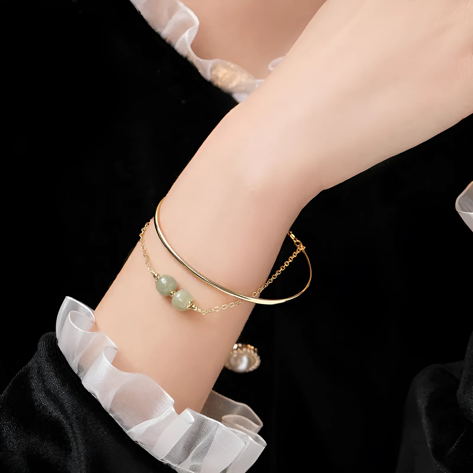 Jade lucky beads bracelet with gold inlay treatment showing three bead count variations
