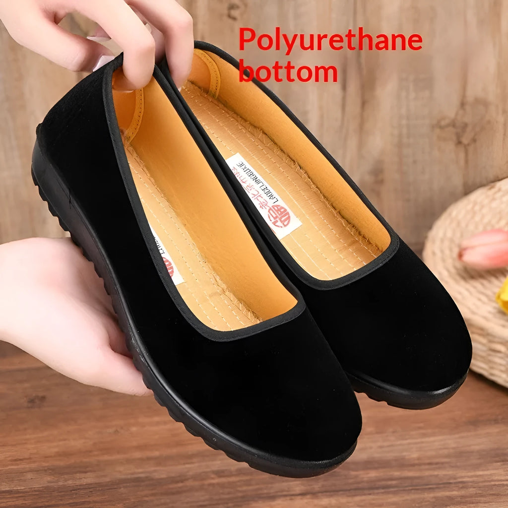 Women's Old Beijing cloth shoes black flat heel round toe cotton flannel upper