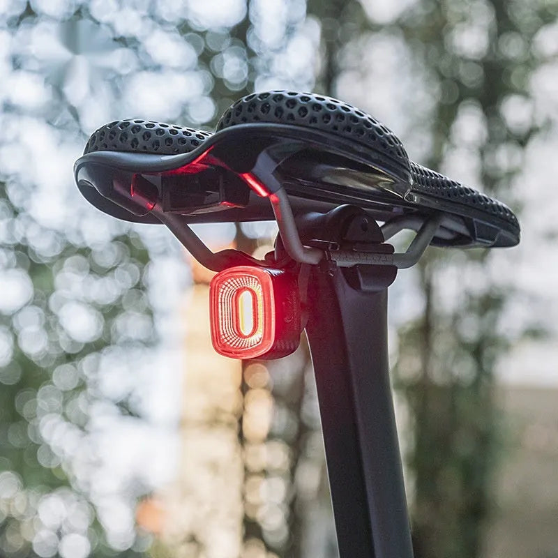 Black smart bicycle taillight with intelligent induction stop lamp mounted on bike frame