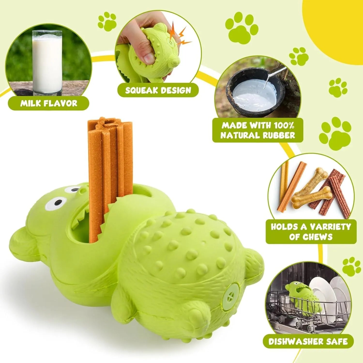 Green and yellow natural rubber dog chew toy with squeaker for large breed dogs