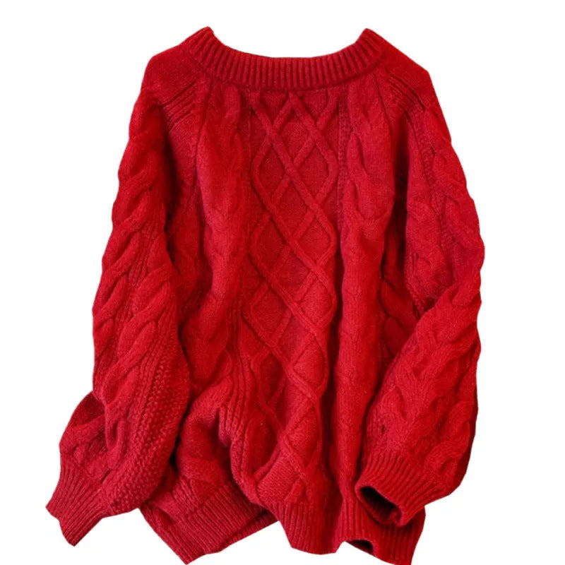 Japanese loose casual women's knitted sweater in red or beige, sizes S M L XL