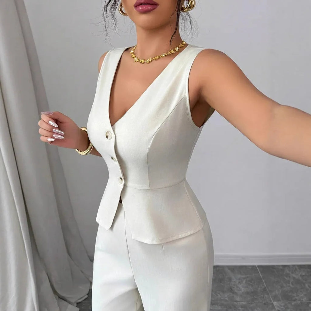 Women's solid colour sleeveless vest and high-waist trousers two-piece set in polyester fabric