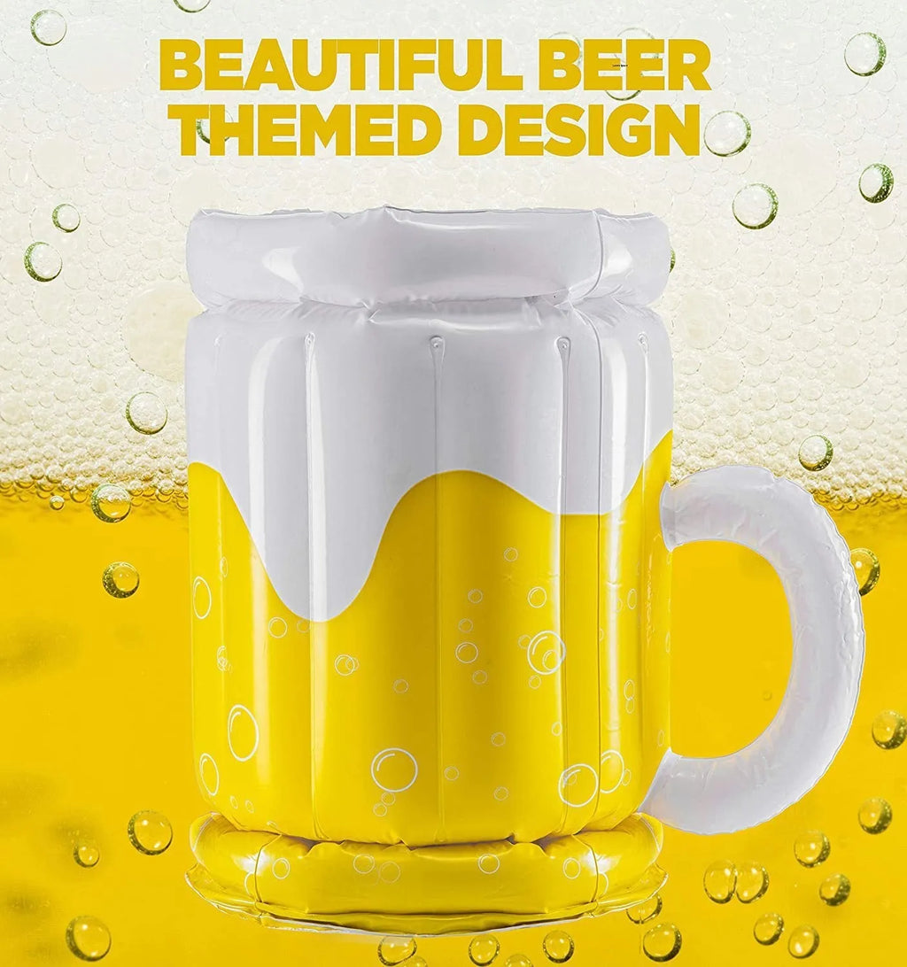 Yellow inflatable beer mug pool float cooler with 44cm height and 32cm diameter