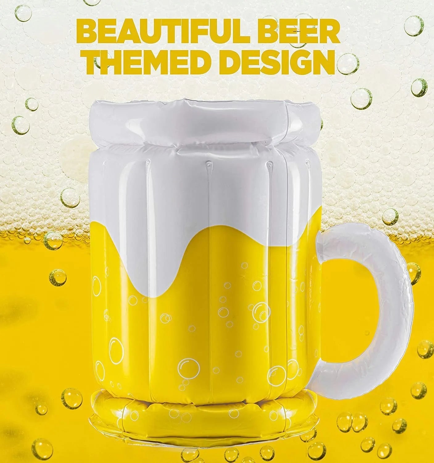 Yellow inflatable beer mug pool float cooler with 44cm height and 32cm diameter