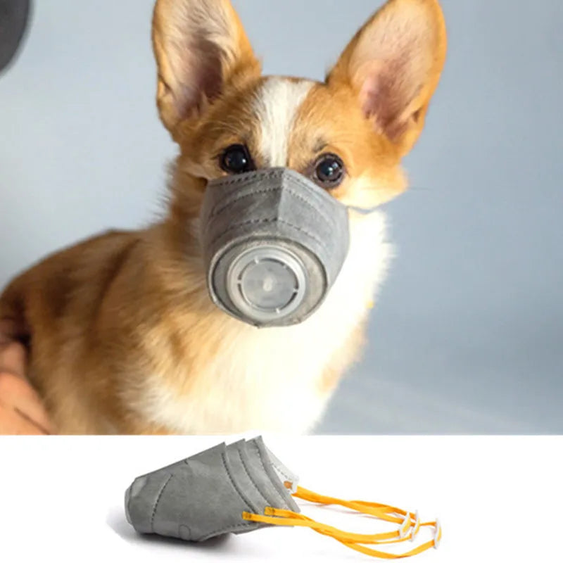 Grey dog anti-fog haze mask with soft cotton mouth cover and Velcro strap for respiratory protection