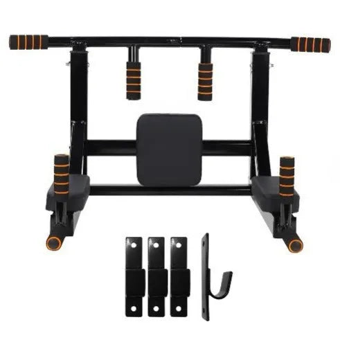 Black wall-mounted steel fitness station with sandbag rack, parallel bars and pull-up bar