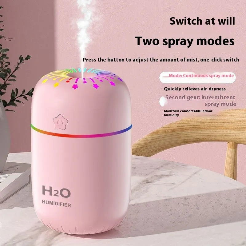 Compact white USB humidifier with 300ml water tank on office desk next to laptop