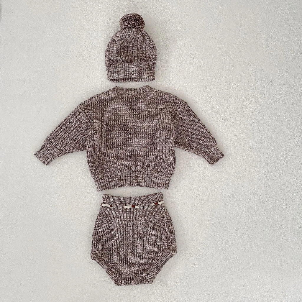 Dark brown baby girl knitted pullover set with matching shorts and fur-ball hat