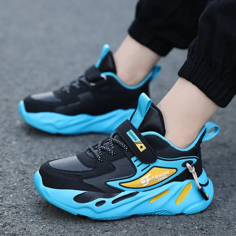 Boys' blue and black sports running shoes with velcro fastening and platform sole