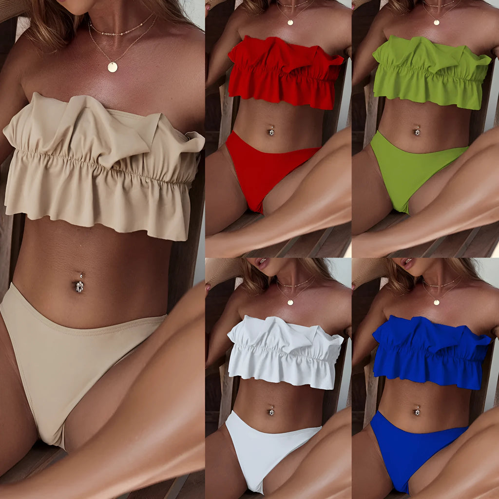 Ladies split swimsuit tube top bikini set in nylon, sizes S M L, five colours including white beige red green blue